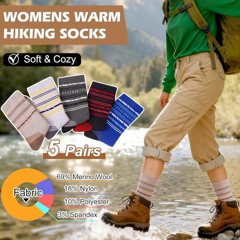 SEEKSOCK Store 5 Pairs Womens Merino Wool Hiking Socks Winter Warm Crew Moisture Wicking Thick Cushioned Striped Boot Socks - Image 5